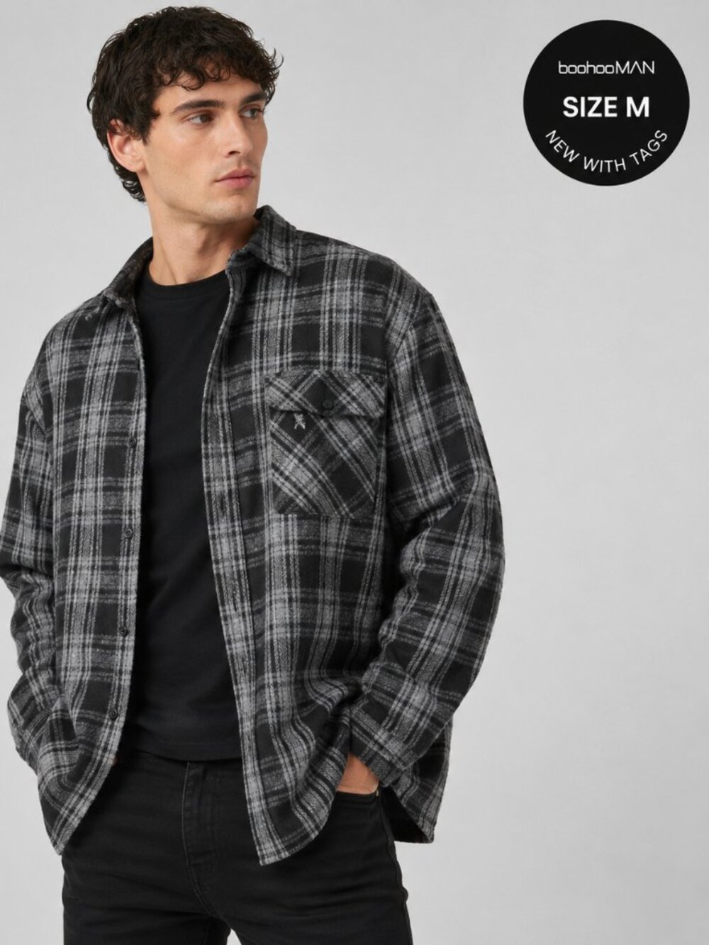 NWT | sz M | boohooMAN | Gray and black plaid long-sleeve shirt